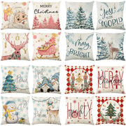 A collection of decorbites christmas letter print linen pillow covers featuring pastel santa and holiday illustrations