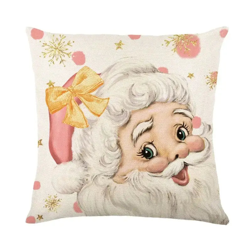 Cream linen pillow cover featuring decorbites christmas letter print with vintage santa claus and gold snowflakes design
