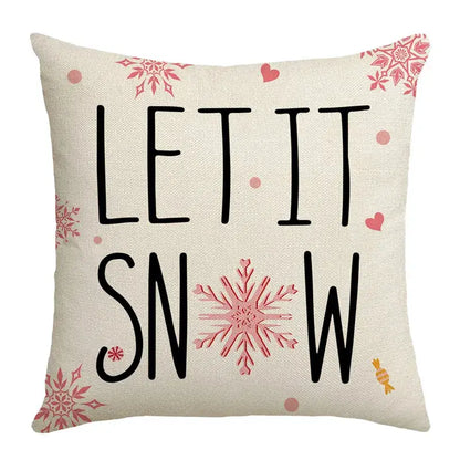 Beige linen pillow cover with bold black let it snow text and pink snowflakes for decorbites christmas letter print