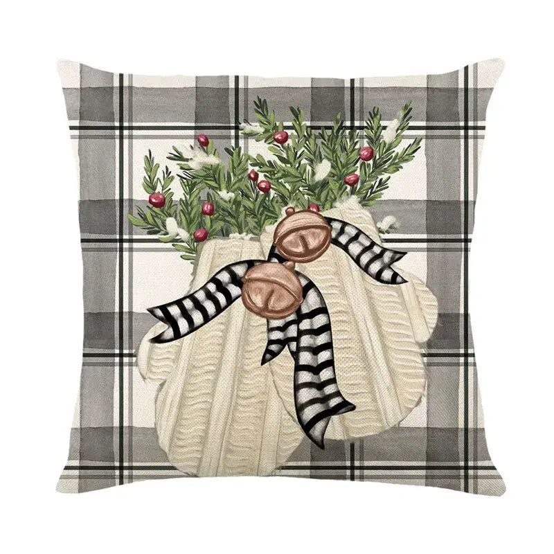 Decorbites christmas letter print linen throw pillow cover featuring a cream knitted sweater design with festive accents