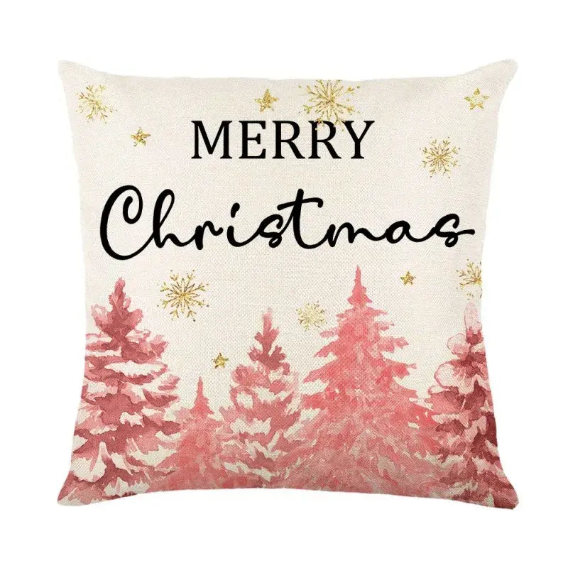 Cream-colored decorbites christmas letter pillow cover with pink watercolor pine trees and gold snowflakes for holiday decor