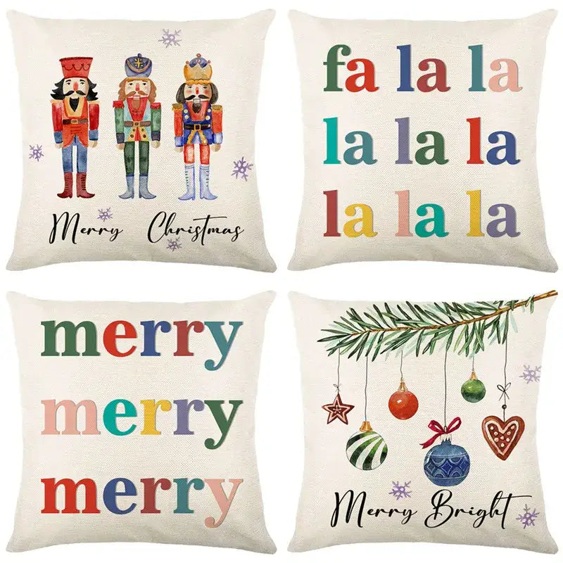 Set of four decorbites christmas letter print linen pillow covers with nutcrackers merry text and festive pine branch design