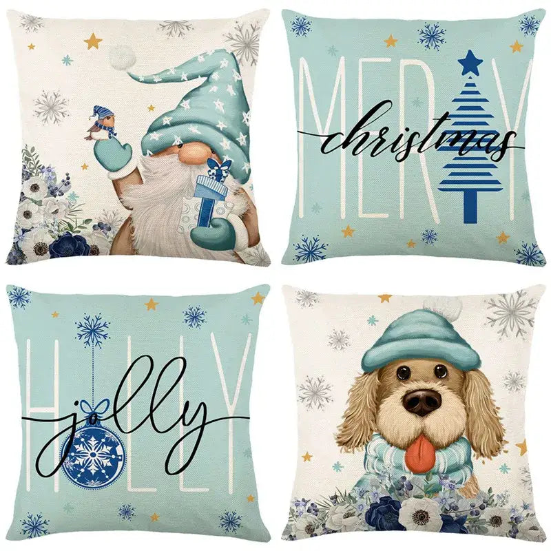Set of four decorbites christmas letter print linen pillow covers with whimsical holiday designs on pastel backgrounds