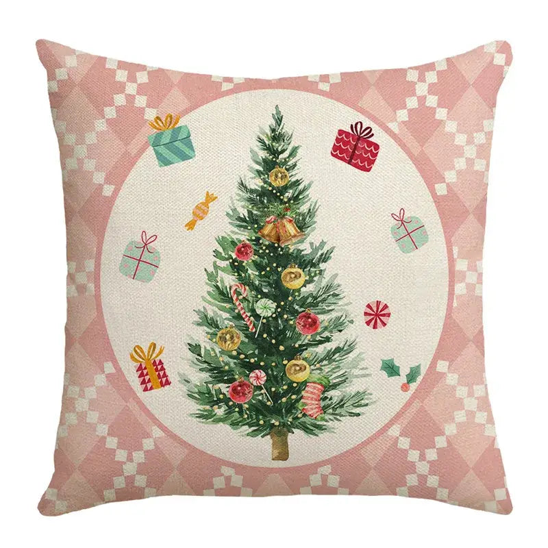 Pink and white argyle pillow cover with watercolor christmas letter print tree and gold ornaments by decorbites christmas letter