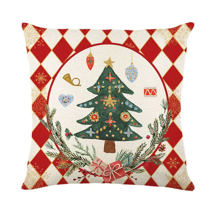 Decorbites christmas letter print pillow cover in red and white linen with a green decorated tree for holiday decor