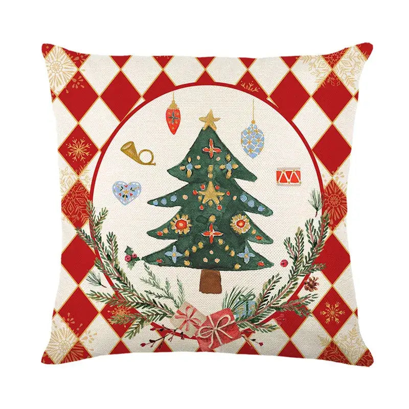 Decorbites christmas letter print pillow cover in red and white linen with a green decorated tree for holiday decor