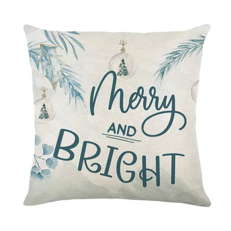 Beige linen pillow cover with merry and bright teal christmas letter print and watercolor holly by decorbites christmas letter