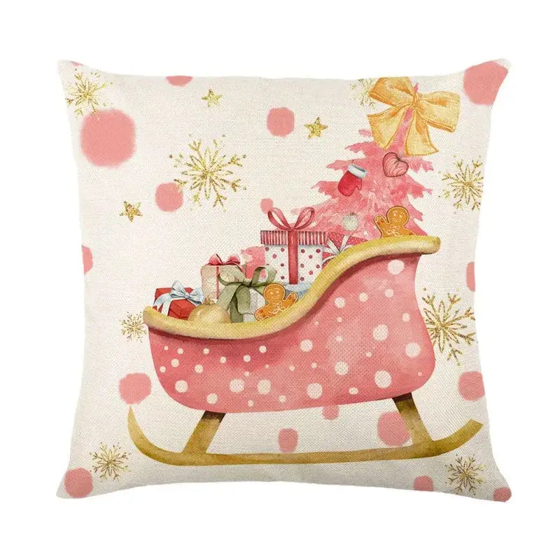 Decorbites christmas letter print linen pillow cover in pink polka dots with gold snowflakes and festive christmas tree
