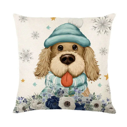 Cute beige dog pillow cover with blue knit hat and scarf featuring decorbites christmas letter print for holiday decor
