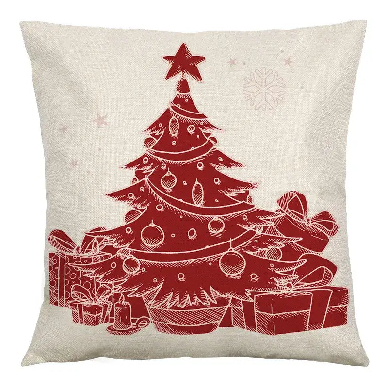 Beige decorbites christmas linen cushion cover 45x45cm featuring red christmas tree with ornaments and snowflakes