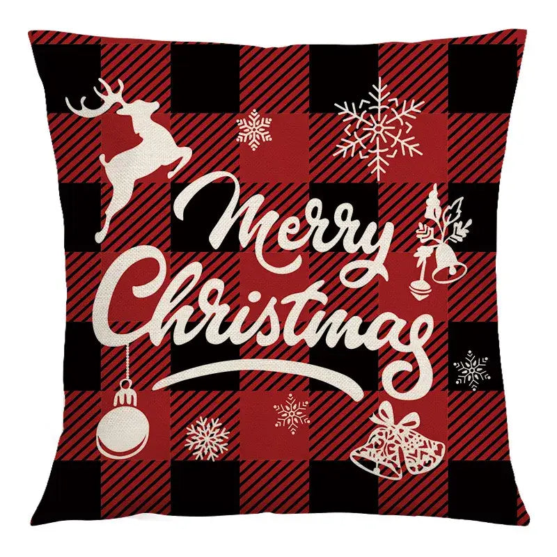Red and black plaid decorbites christmas linen cushion cover with white merry christmas lettering and festive motifs 45x45cm