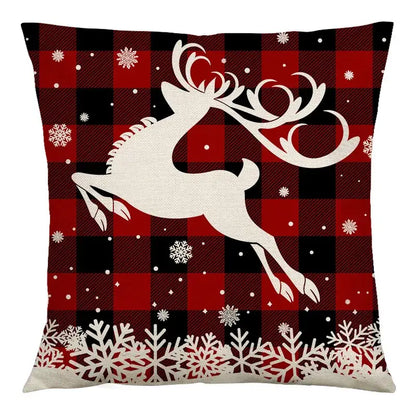 DecorBites™ christmas linen cushion cover with red and black plaid and white reindeer snowflake design 45x45cm