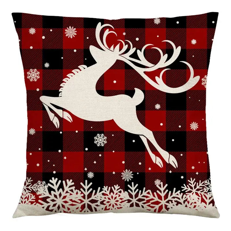 DecorBites™ christmas linen cushion cover with red and black plaid and white reindeer snowflake design 45x45cm