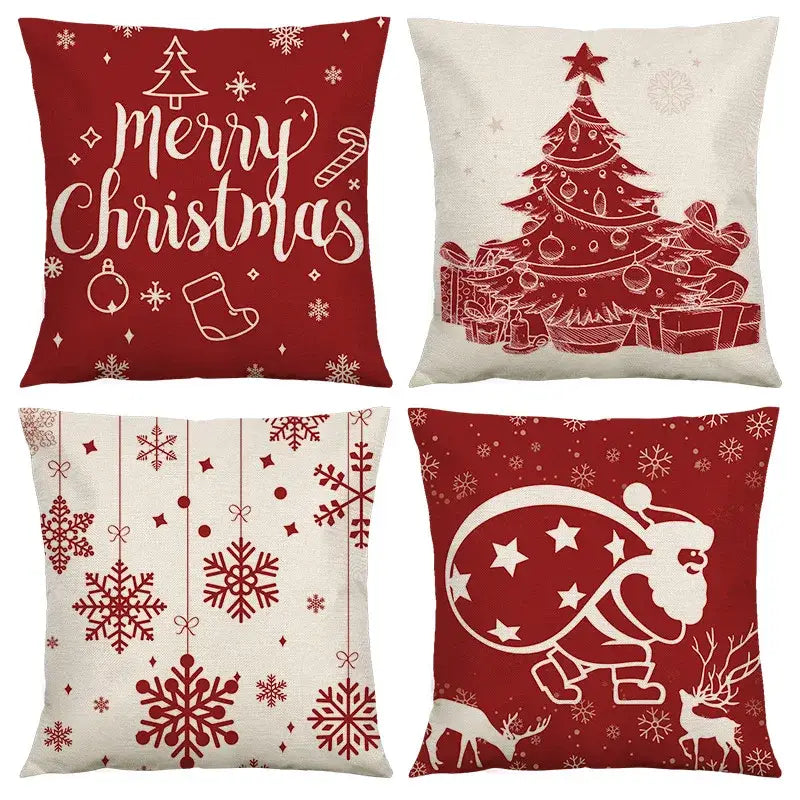 Set of four festive red and cream decorbites christmas linen cushion covers with holiday designs for sofa and home decor