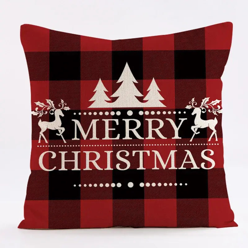 Red and black plaid decorbites christmas linen cushion cover with merry christmas text reindeer and pine tree design