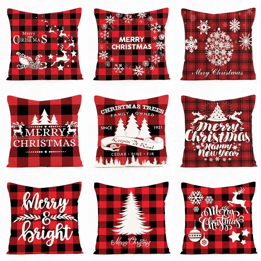 Red and black plaid decorbites christmas linen cushion cover with white holiday designs for sofa home party decor