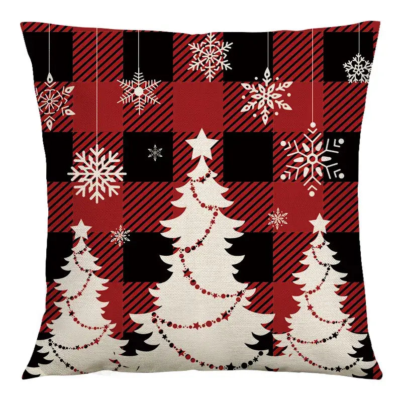 Decorbites christmas linen cushion cover 45x45cm red and black plaid with white christmas trees for sofa decor