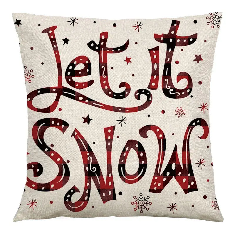 Beige decorbites christmas linen cushion cover 45x45cm with red and black plaid let it snow lettering and snowflake decor