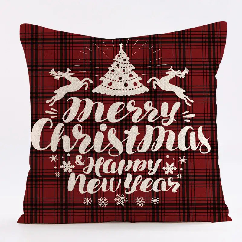 Red plaid decorbites christmas linen cushion cover with merry christmas happy new year text and festive reindeer design