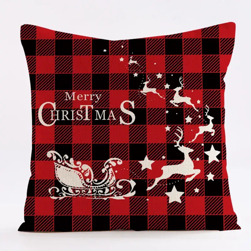 Decorbites christmas linen red and black plaid cushion cover with white sleigh reindeer stars and merry christmas text