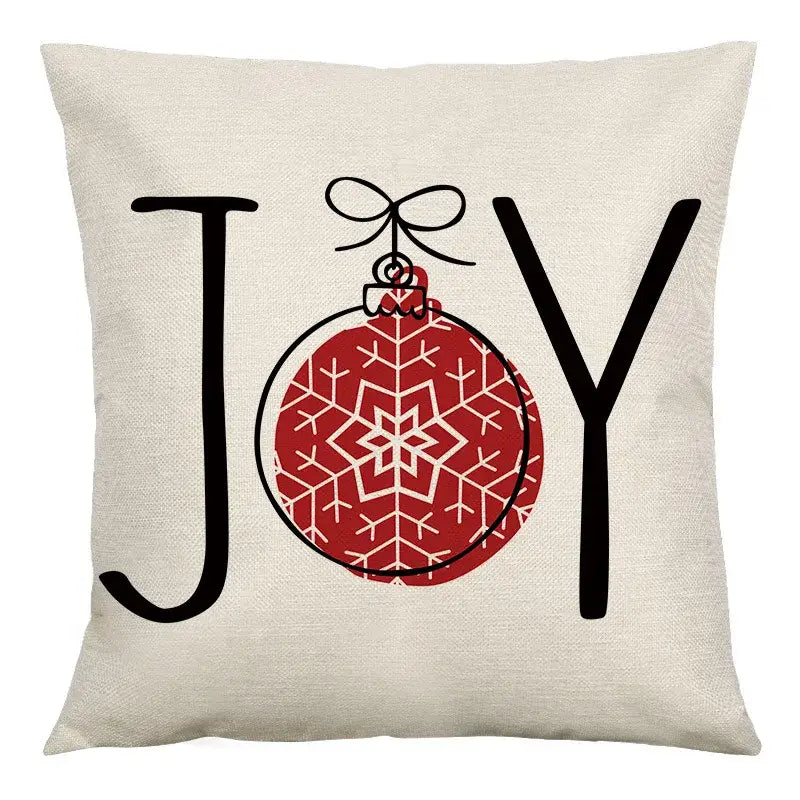 Beige linen decorbites christmas linen cushion cover with bold black joy design and red ornament for sofa decor