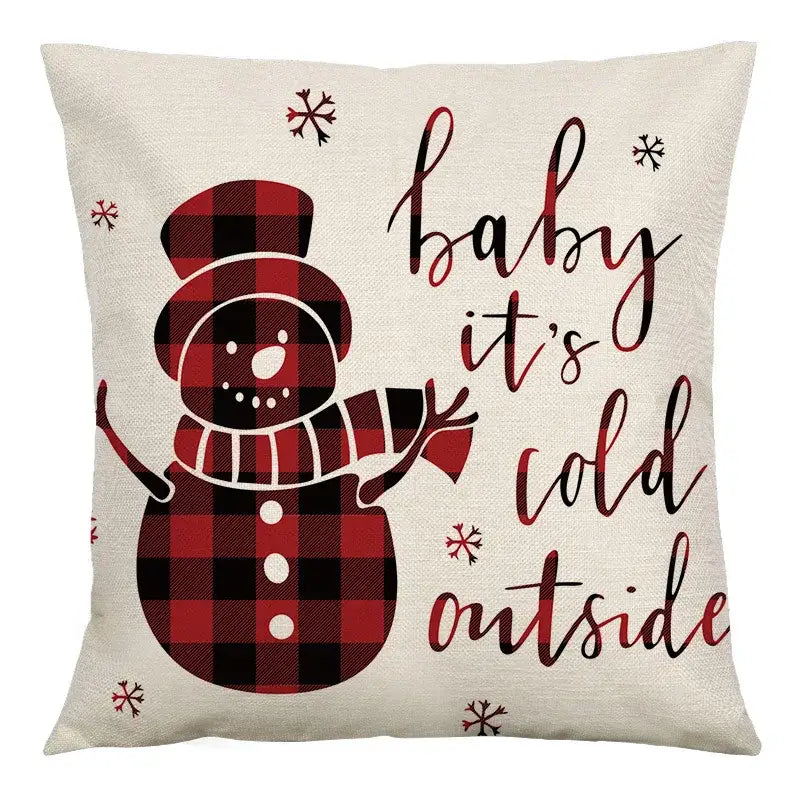 Beige decorbites christmas linen cushion cover 45x45cm featuring red black plaid snowman and baby it is cold outside text