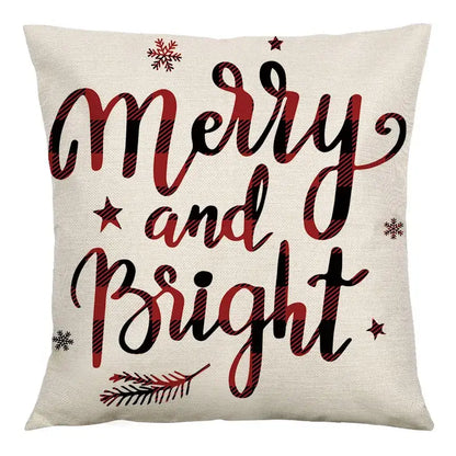 Beige decorbites christmas linen cushion cover 45x45cm with merry and bright print snowflakes and pine branches