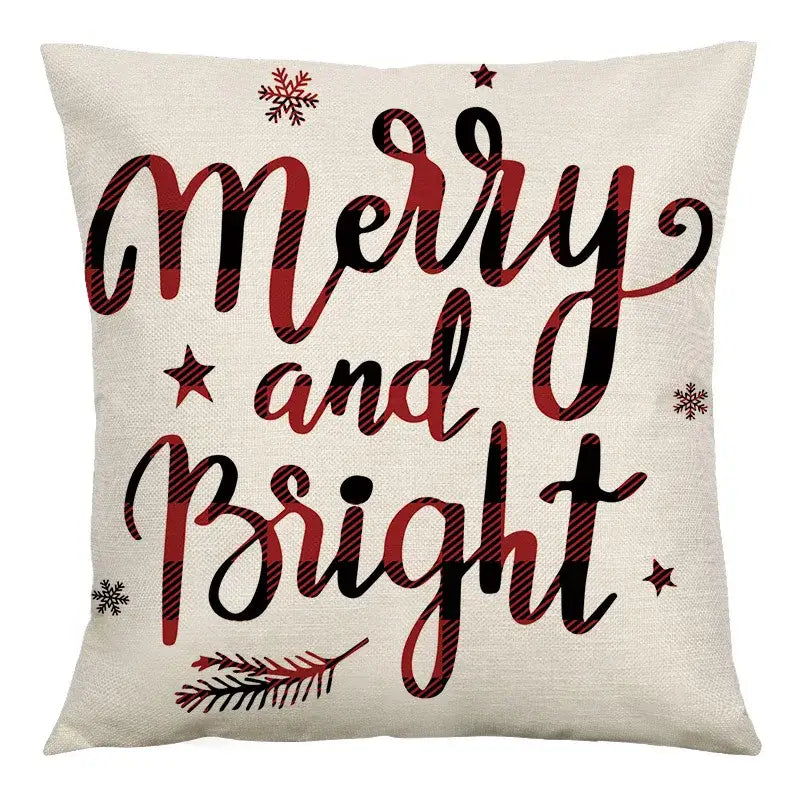 Beige decorbites christmas linen cushion cover 45x45cm with merry and bright print snowflakes and pine branches