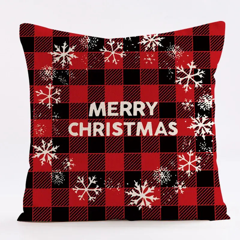 Red and black plaid decorbites christmas linen cushion cover 45x45cm with white snowflakes and merry christmas text