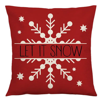Red throw pillow with white snowflake star design and let it snow text decorbites christmas linen cushion cover