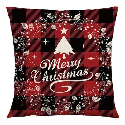 Decorbites christmas linen cushion cover 45x45cm red and black plaid with white embroidered tree and berry wreath design