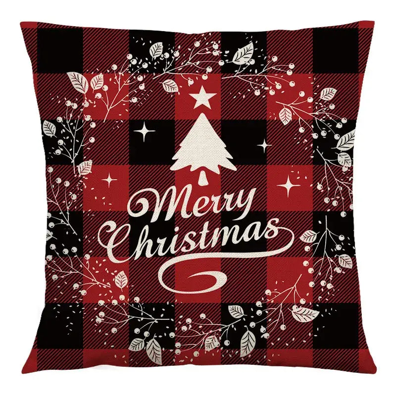 Decorbites christmas linen cushion cover 45x45cm red and black plaid with white embroidered tree and berry wreath design