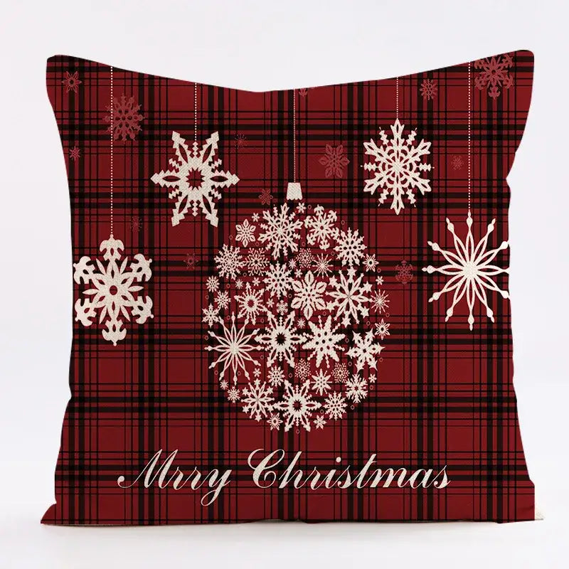 Red plaid cushion cover with white snowflake ornaments and merry christmas text decorbites christmas linen 45x45cm