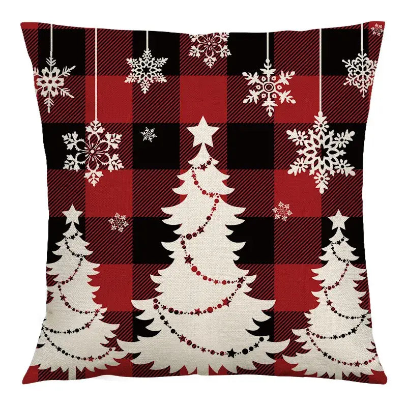 Red and black plaid decorbites christmas linen cushion cover with white christmas trees and snowflakes 45x45cm