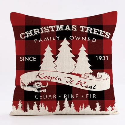 Red and black plaid decorbites christmas linen cushion cover with white pine tree text for sofa and home party decor