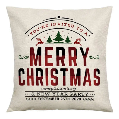 Beige linen cushion cover with festive merry christmas design in red black and green decorbites christmas linen 45x45cm