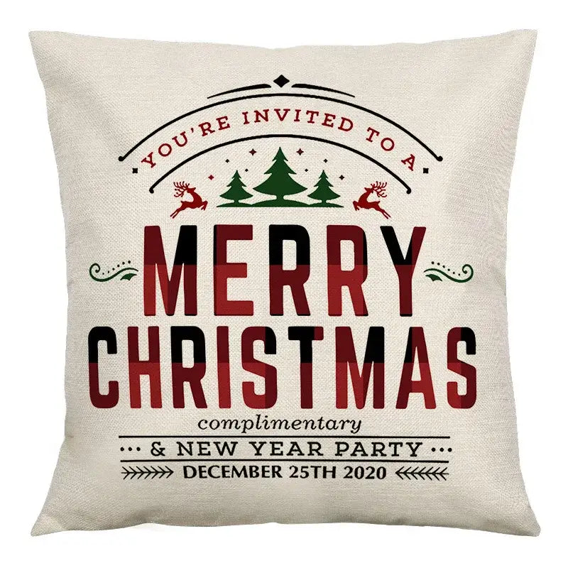 Beige linen cushion cover with festive merry christmas design in red black and green decorbites christmas linen 45x45cm