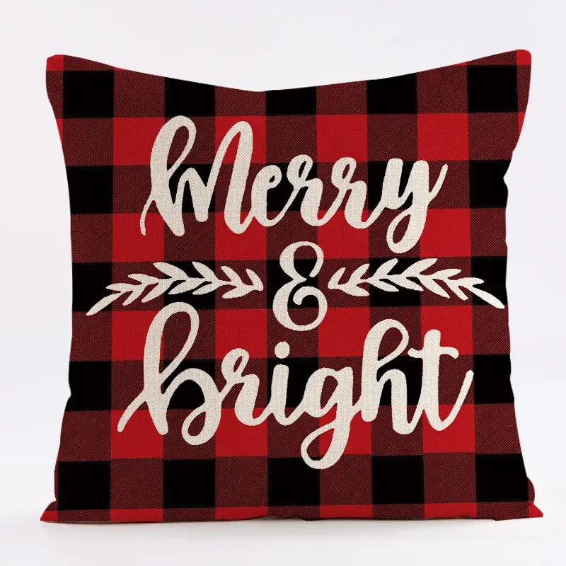 Red and black plaid decorbites christmas linen cushion cover with merry and bright white cursive for sofa decor