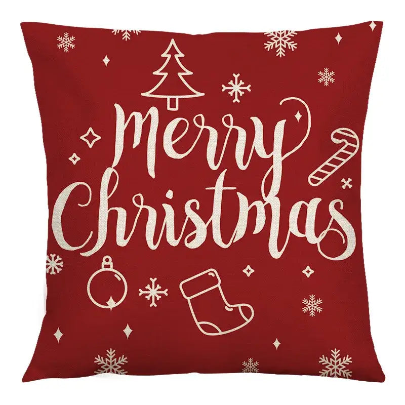 Red christmas linen cushion cover with merry christmas script and festive illustrations by decorbites for sofa decor