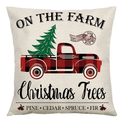 Beige linen cushion cover featuring red black plaid truck with christmas tree and on the farm text by decorbites christmas linen