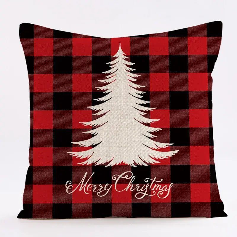 Red and black plaid decorbites christmas linen cushion cover with white christmas tree silhouette and merry christmas script