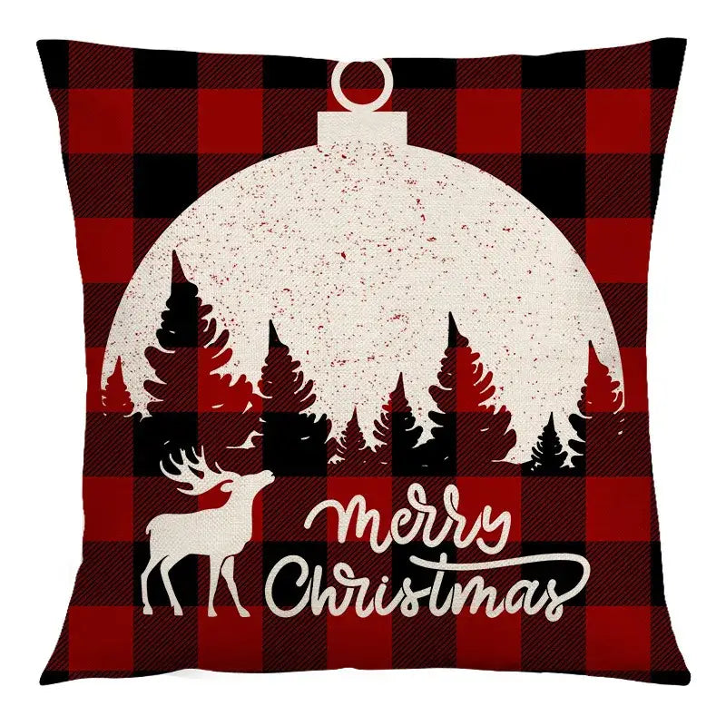 DecorBites Christmas linen cushion cover 45x45cm red and black plaid with white Christmas ornament design for home decor