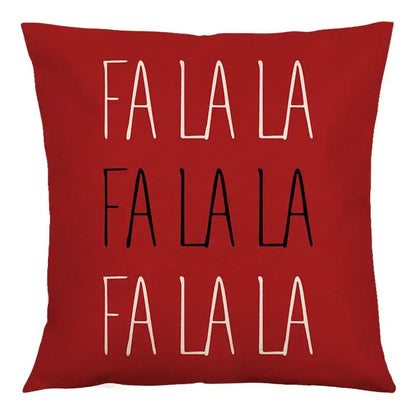 Red throw pillow with fa la la print in white and black script decorbites christmas linen cushion cover 45x45cm