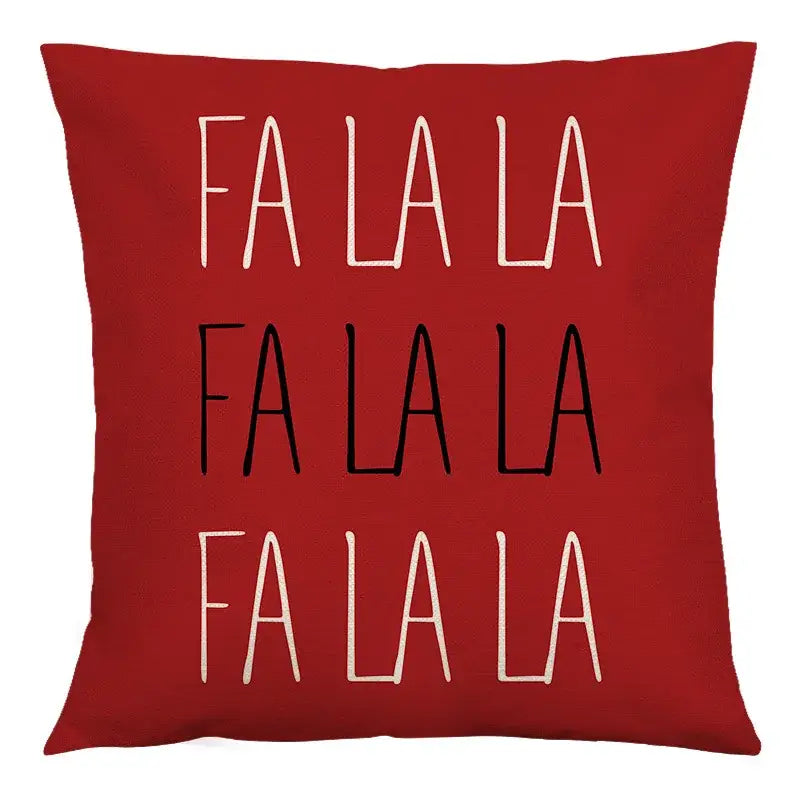 Red throw pillow with fa la la print in white and black script decorbites christmas linen cushion cover 45x45cm