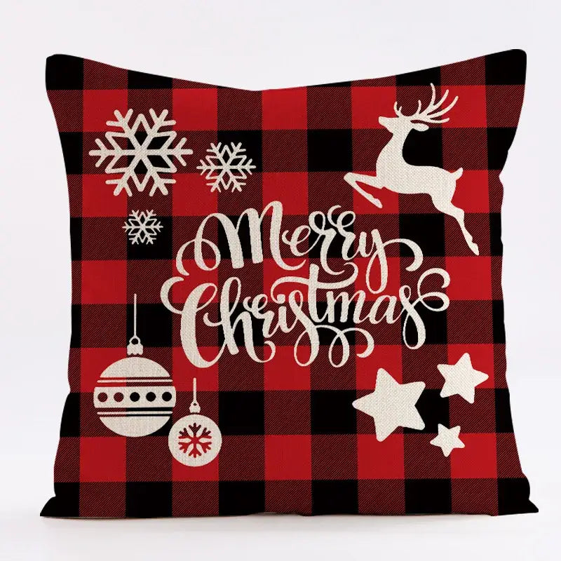 Decorbites christmas linen cushion cover 45x45cm in red and black plaid with white snowflakes and merry christmas text