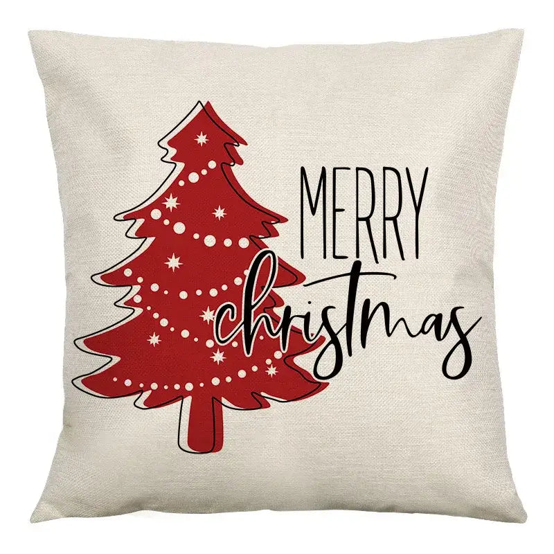 Beige linen cushion cover with red christmas tree and merry christmas text by decorbites christmas linen 45x45cm