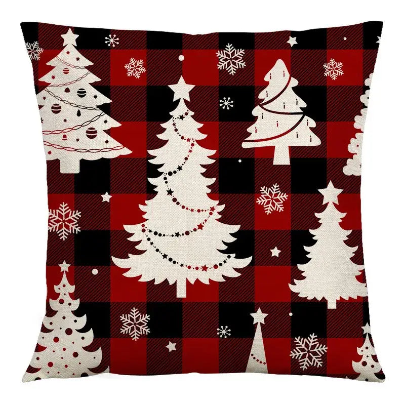 Red and black plaid cushion cover with white christmas tree and snowflake patterns by decorbites christmas linen