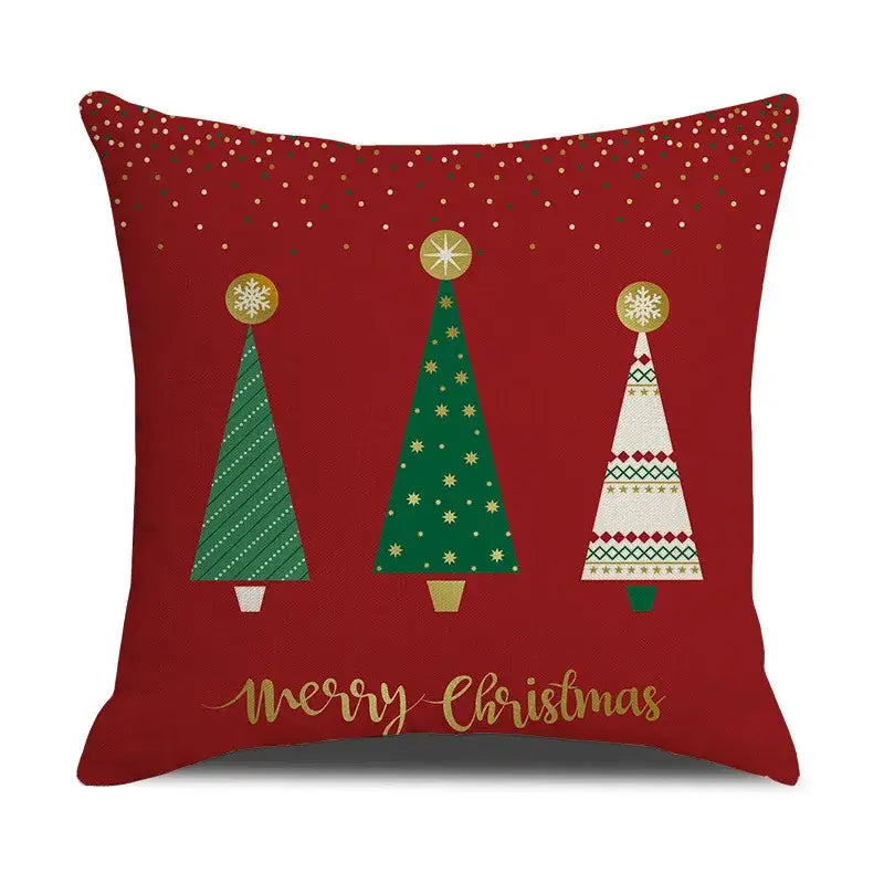 Red christmas linen cushion cover by decorbites featuring three stylized trees and merry christmas script for festive decor