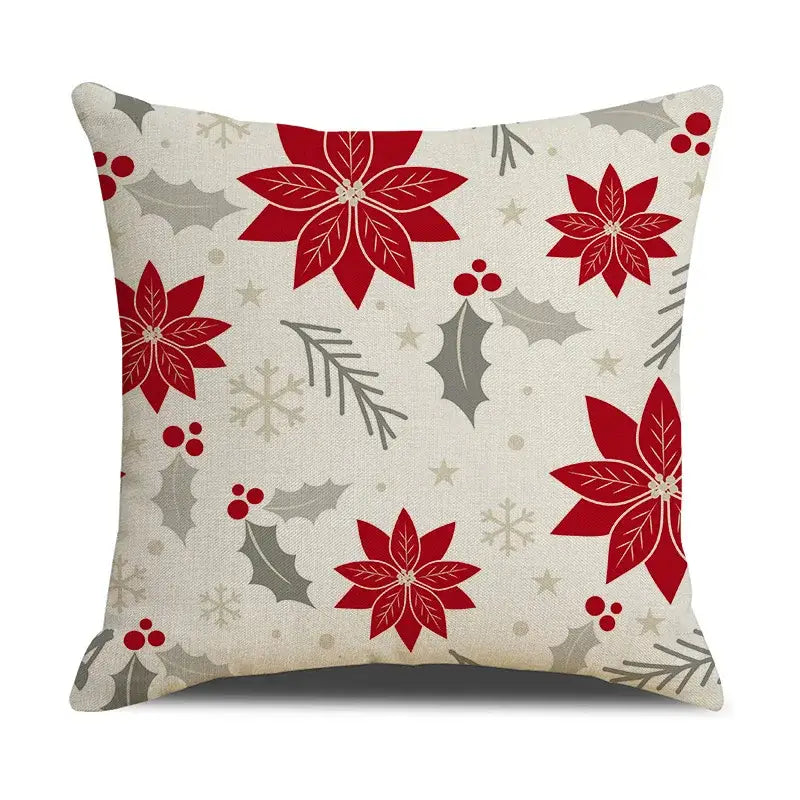 Festive square cushion cover with red poinsettias gray holly berries and snowflakes on off-white decorbites christmas linen