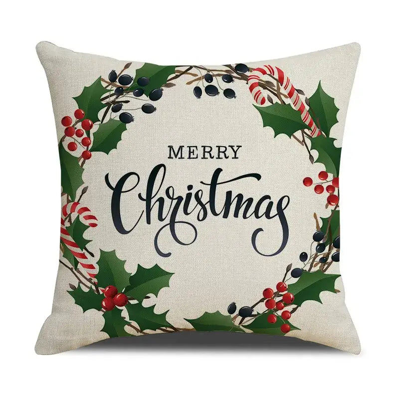 Beige linen cushion cover featuring a festive christmas wreath design with holly and candy canes from decorbites christmas linen collection